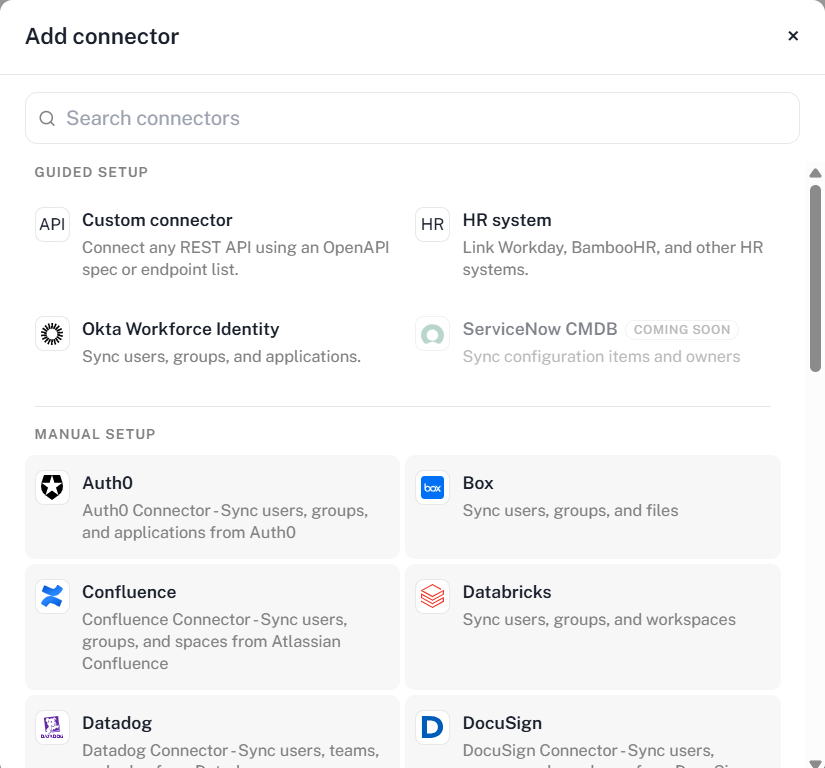 The Add connector dialog, with Okta Workforce Identity listed under Guided setup