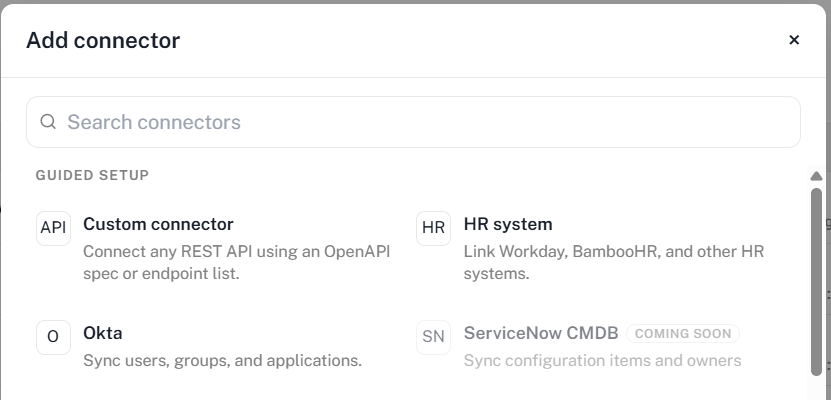 The Add connector dialog, with Okta listed under Guided setup