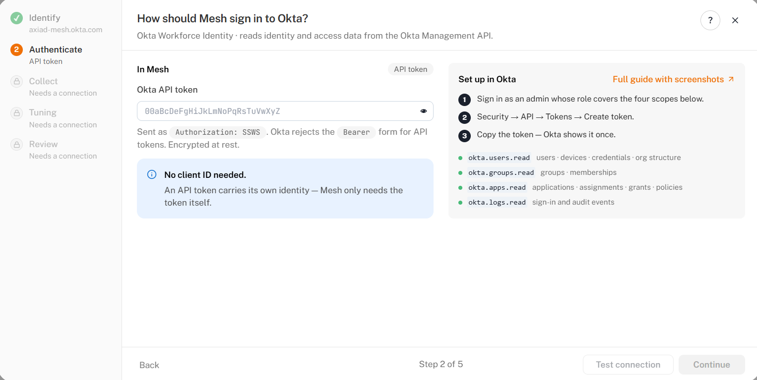 Step 2, Authenticate, with the Okta API token field