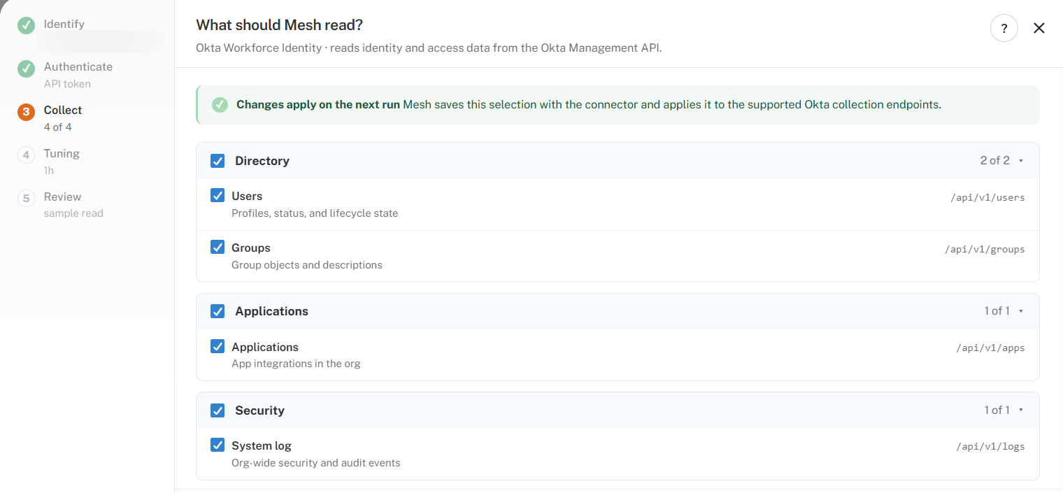Step 3, Collect, with the endpoint groups Directory, Applications and Security all selected