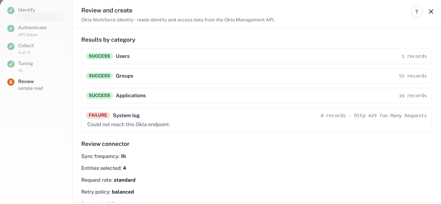 Step 5, Review and create, with per-category sample read results and the configuration summary