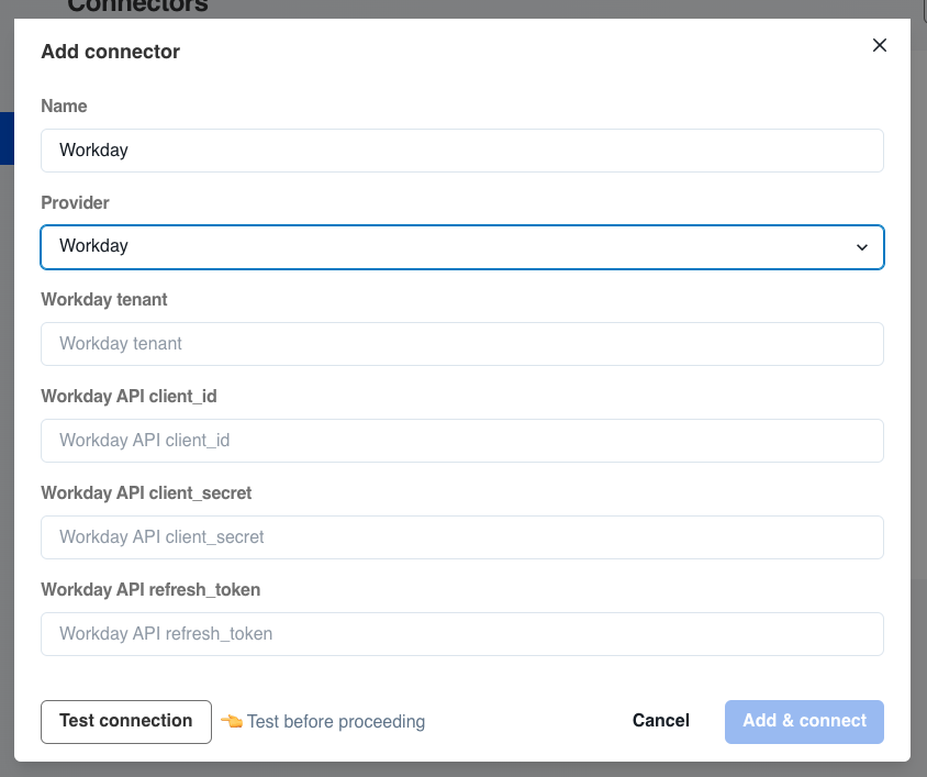 Mesh Add connector dialog with the Workday configuration fields