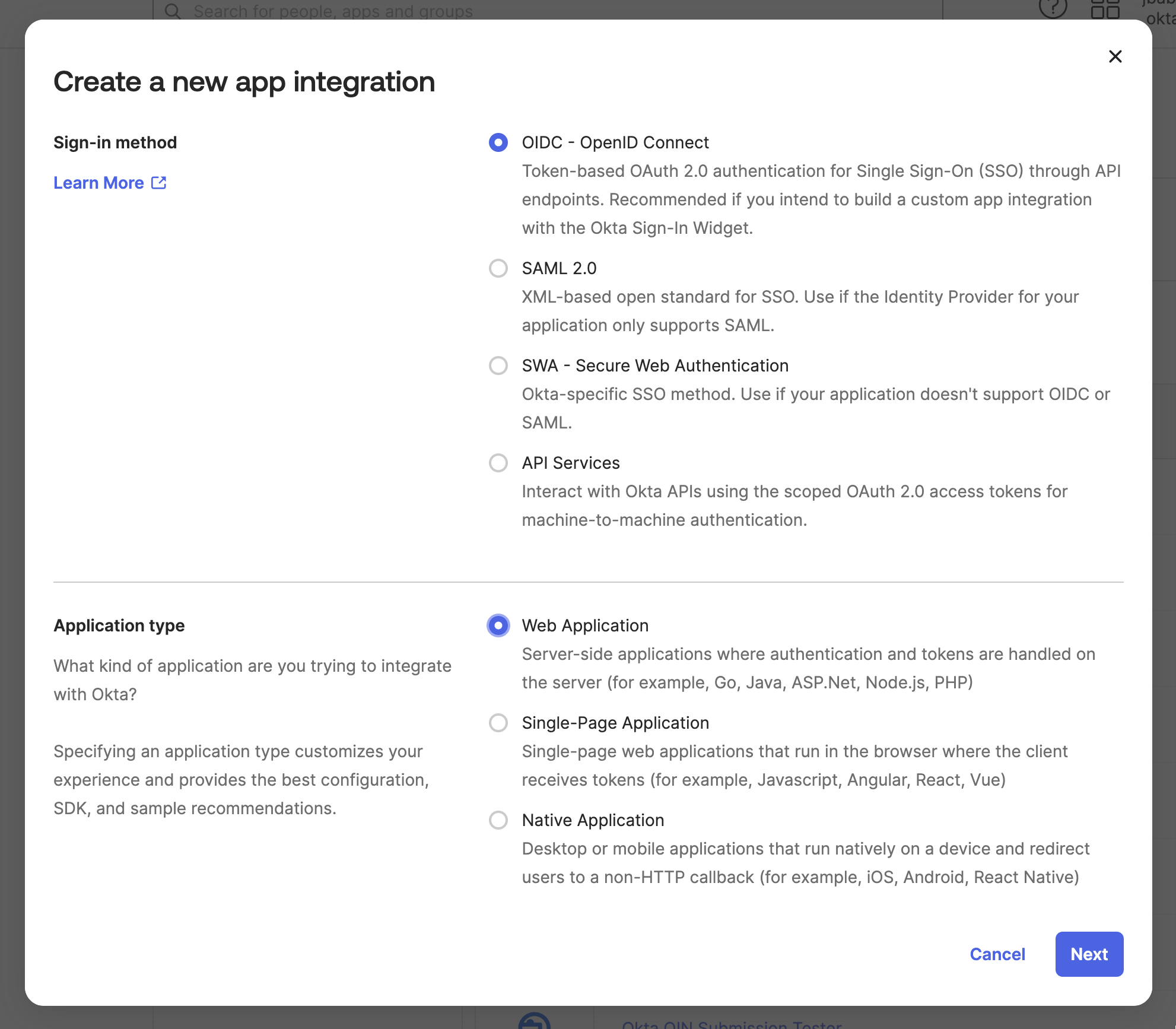 Okta's Create a new app integration page with OIDC - OpenID Connect selected as the sign-in method and Web Application as the application type