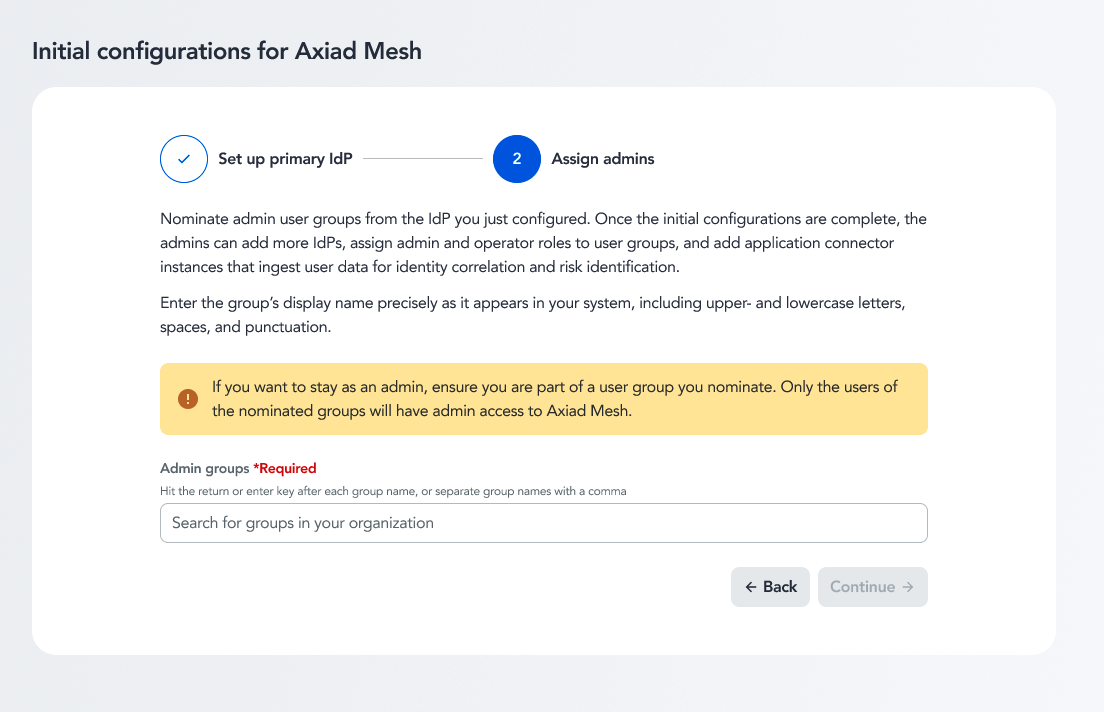 Admin groups step of the initial onboarding flow