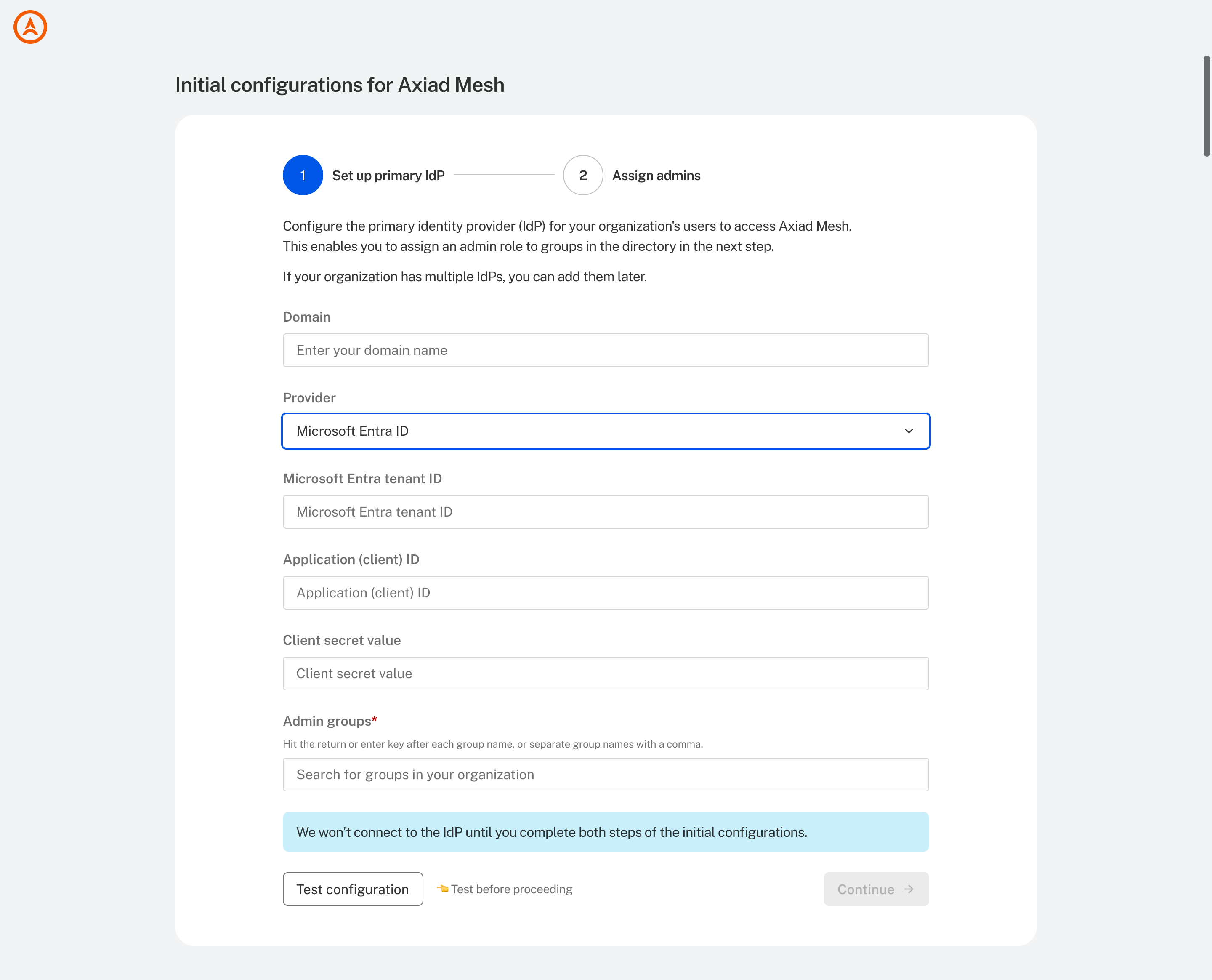 Primary IdP setup form with domain, provider, tenant ID, client ID, and client secret fields