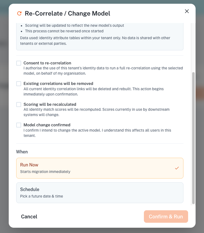 The lower half of the Re-Correlate dialog showing the four acknowledgement checkboxes and the Run Now or Schedule options