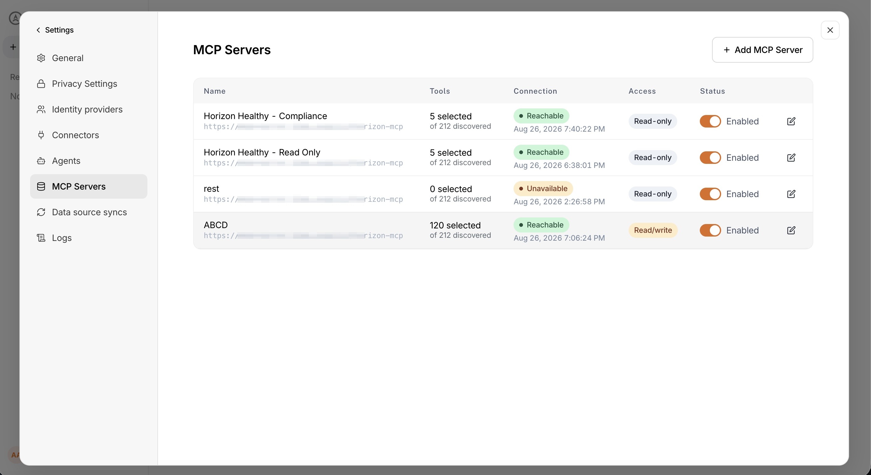 External MCP server list showing configured servers