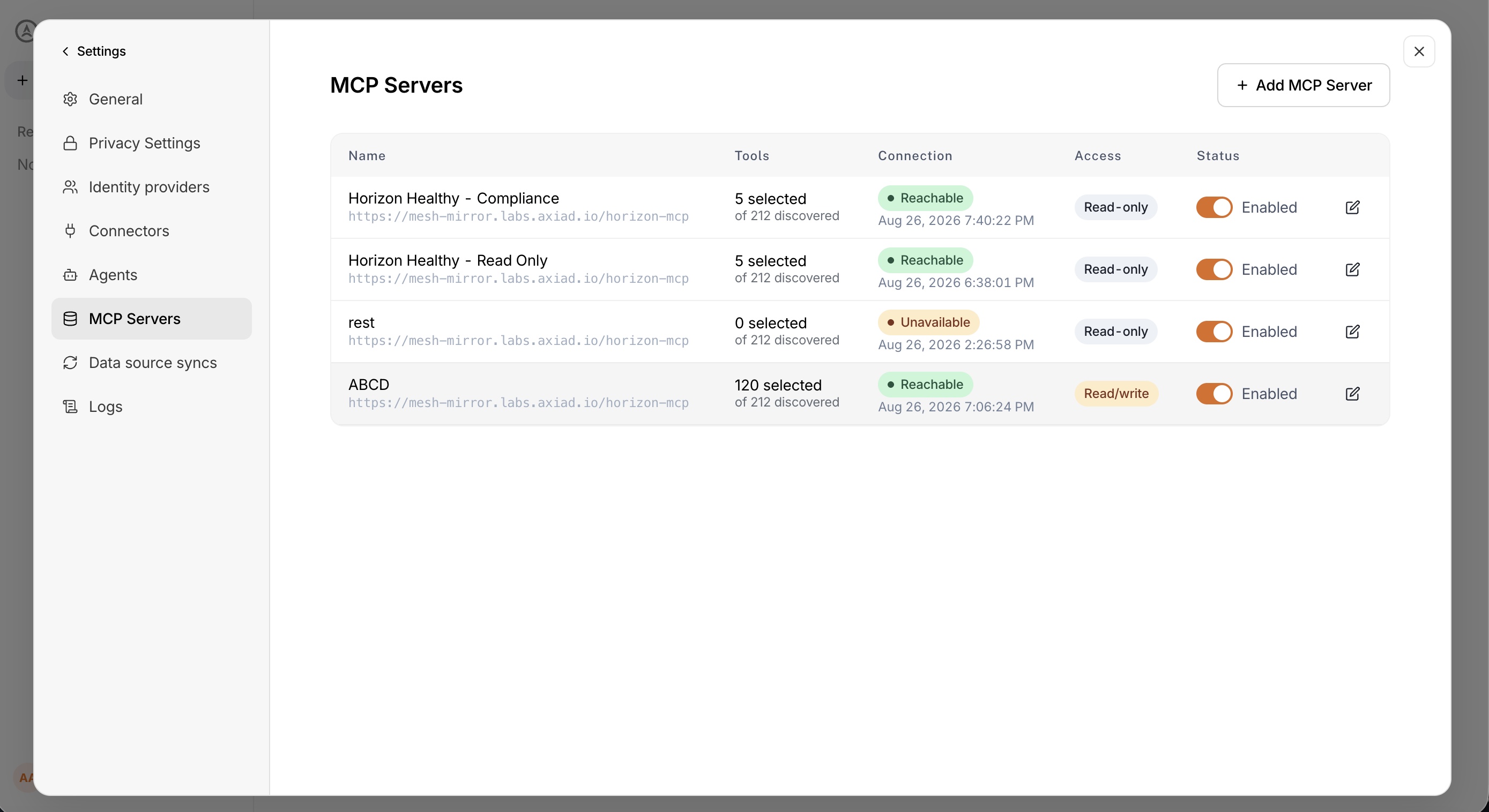 External MCP server list showing configured servers