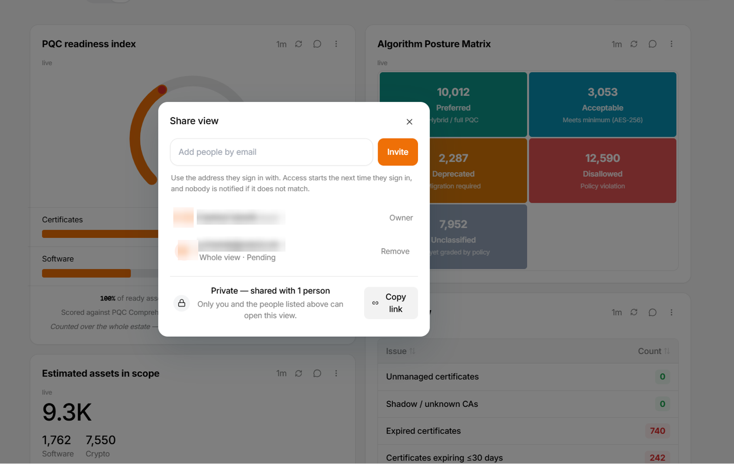 The Share view dialog: a box to add people by email with an Invite button, a list showing the owner and one invited person marked Whole view and Pending, and a footer reading Private — shared with 1 person, beside a Copy link button