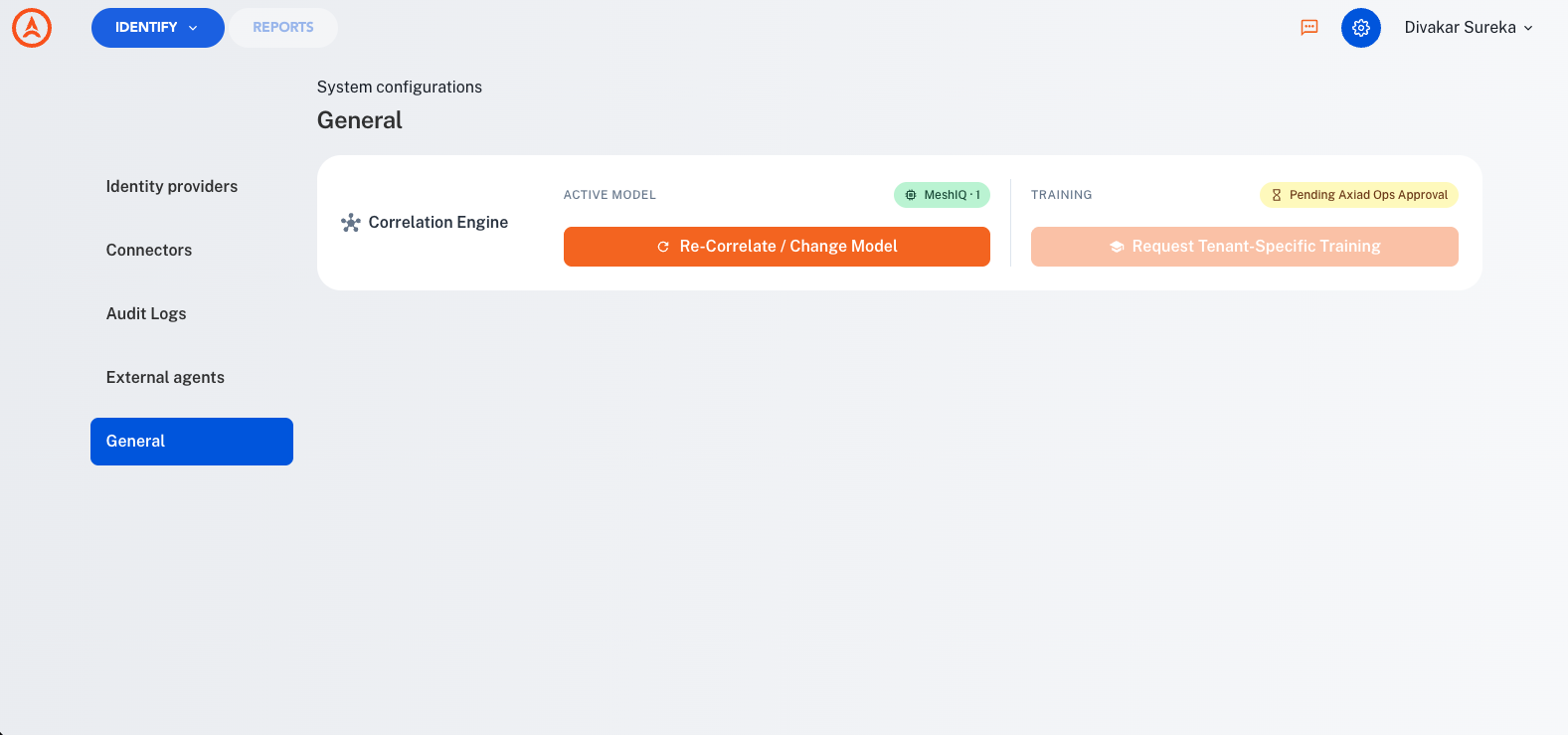The Correlation Engine card showing a Pending Axiad Ops Approval badge with the Request Tenant-Specific Training button disabled