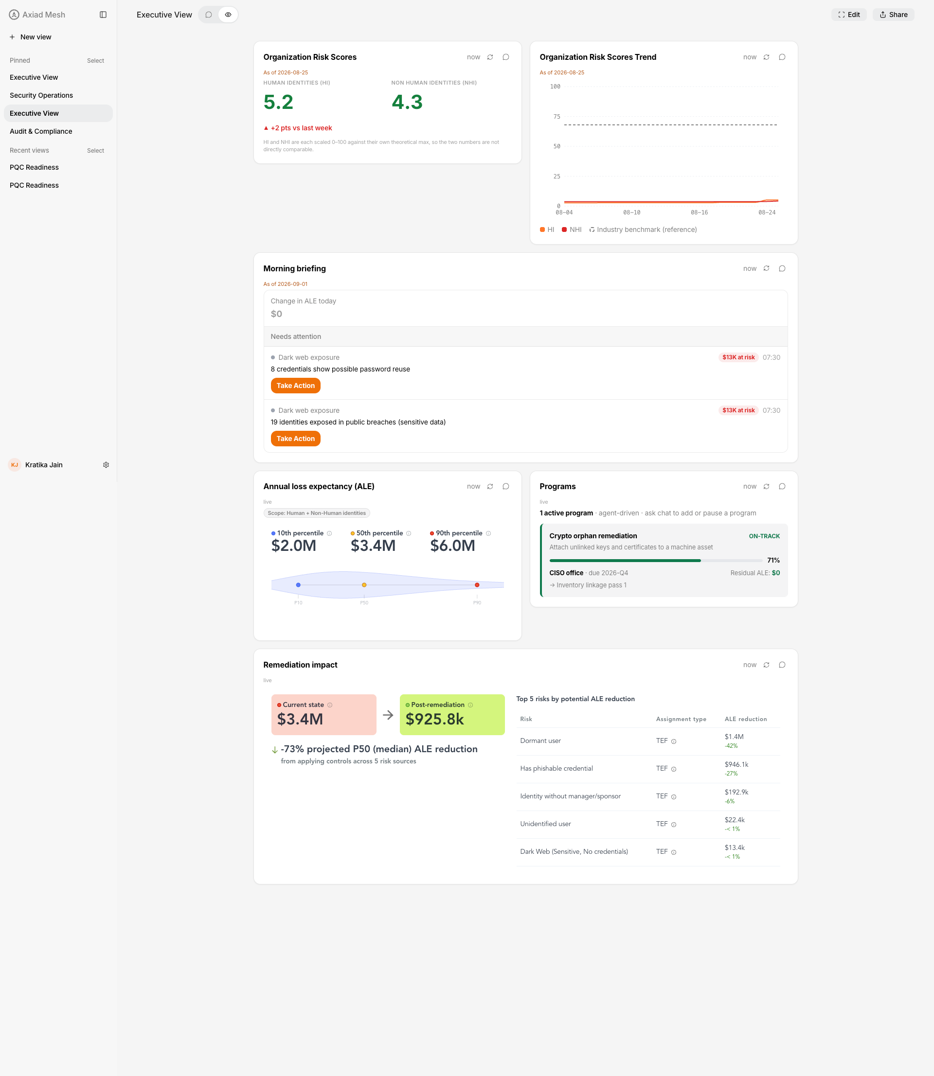 The Executive View composed on a live tenant — organization risk scores, risk score trend, morning briefing, annual loss expectancy, programs, and remediation impact