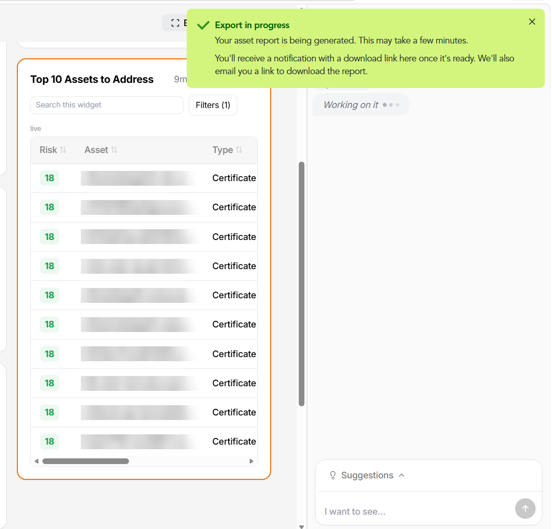 An Export in progress notification reading that the asset report is being generated, that a notification with a download link will appear, and that a link will also be emailed