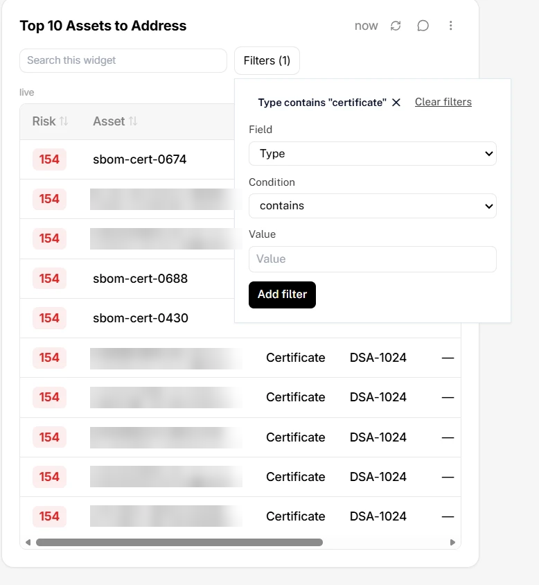 The Filters panel on a table widget, with Field set to Type, Condition set to contains, and an active filter chip reading Type contains certificate