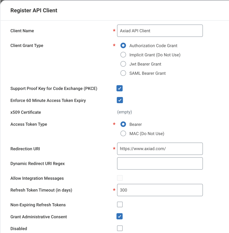 Workday Register API Client for Integration form