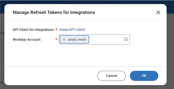 Workday Manage Refresh Tokens for Integrations dialog
